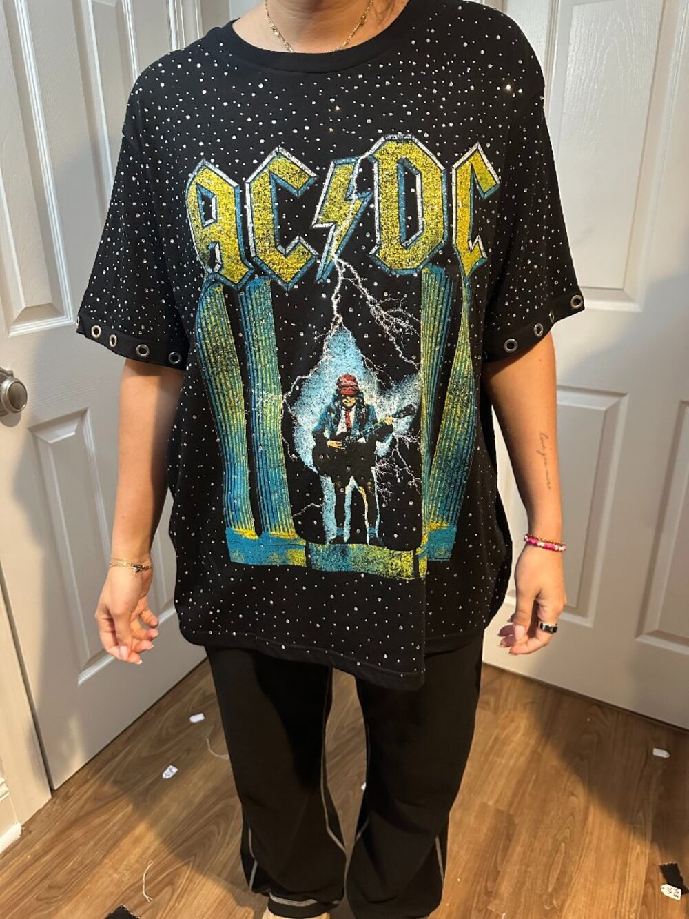 ACDC Upcycled Band Tee with Rhinestones and Grommet Hole Sleeve Trim